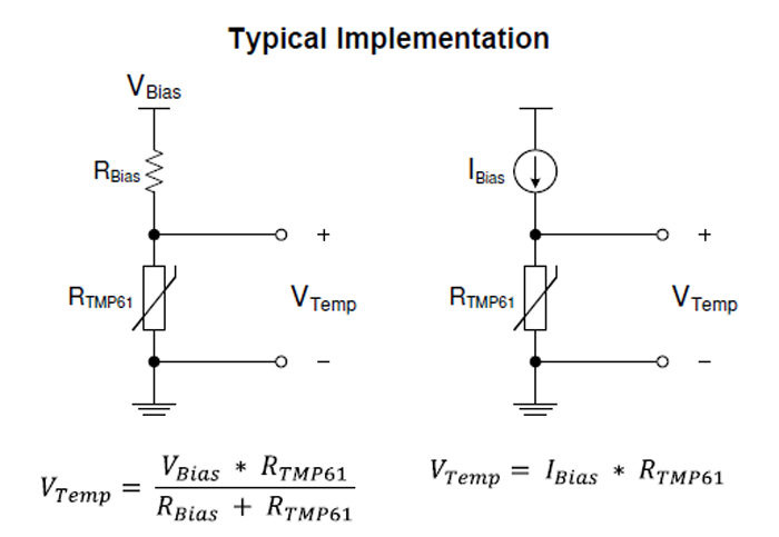 2.作為電阻組件，可以使用電壓源（左）或電流源（右）來驅動熱敏電阻。實際上，大多數電壓驅動電路使用比例布置來消除源漂移的影響